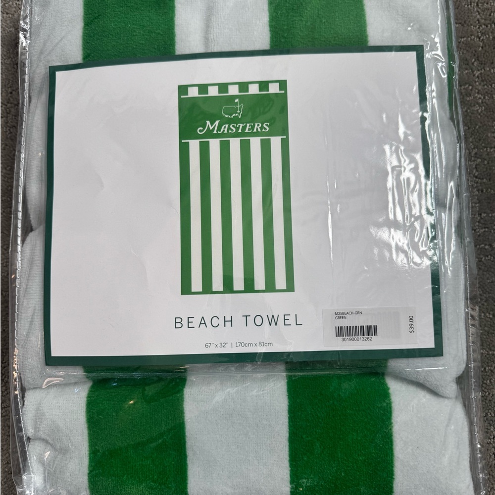Masters Tournament  2025 Green & White Striped Beach Towel  Packaging NWT